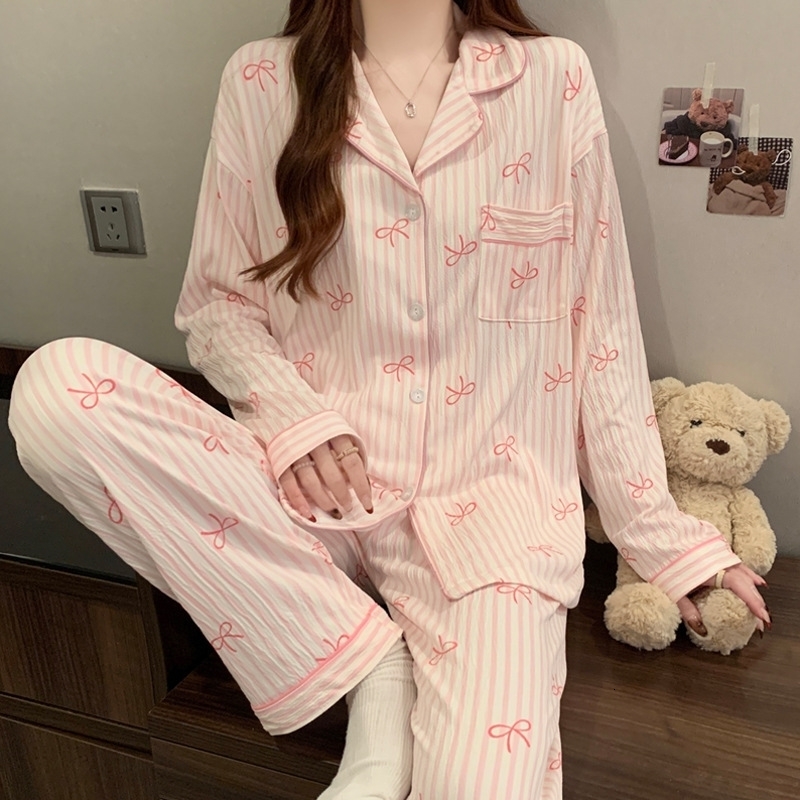 Womens Spring and Fall Pajamas Homewear Set Wrinkled Cloth Sweet Girl Students LongSleeved Casual 250827
