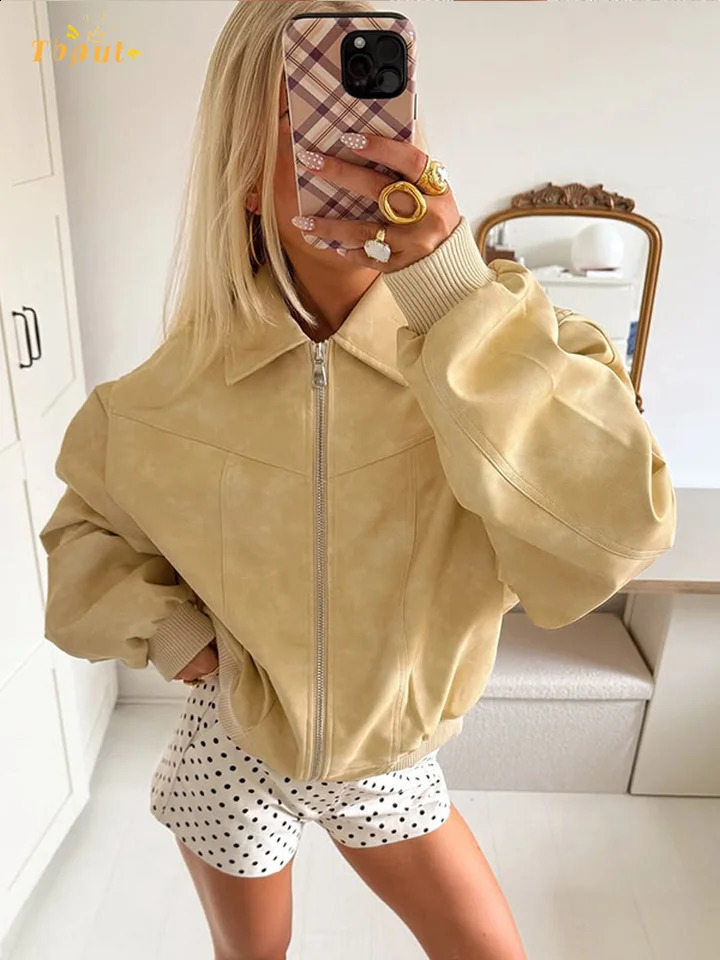 Women Solid Suede Bomber Jacket Fashion Lapel Long Sleeve Zipper Loose Casual Coat 2025 Autumn Lady Daily High Street Outerwear 250828