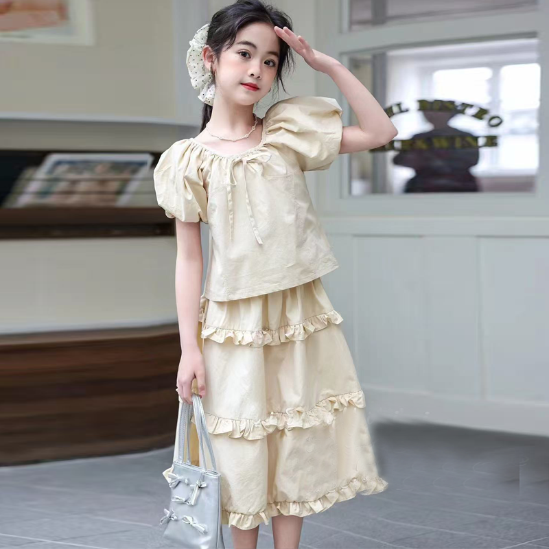 D261 Girls summer suit short sleeve new 2025 fashionable children&#039;s stylish girls big girl two-piece summer skirt-image-1072957987