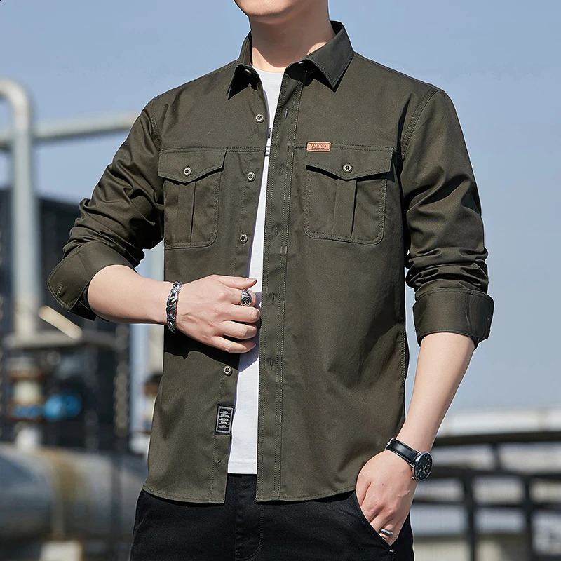 100 Cotton Mens Cargo Shirt Long Sleeve 2 Pocket Shirts Outdoor Casual Blouses Tops High Quality Clothing Overshirt 250828