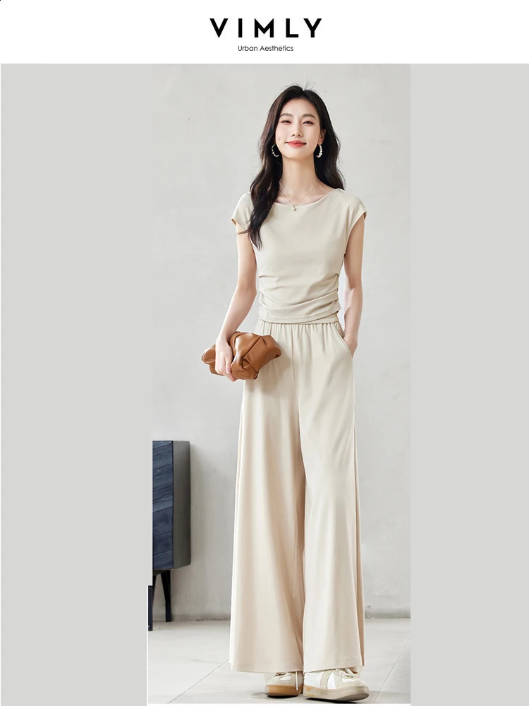 VIMLY Womens Summer Casual Tracksuit Set Sporty Style Slash Neck Raglan Sleeve BlouseLoose Wide Leg pants Two Piece M7153 250828