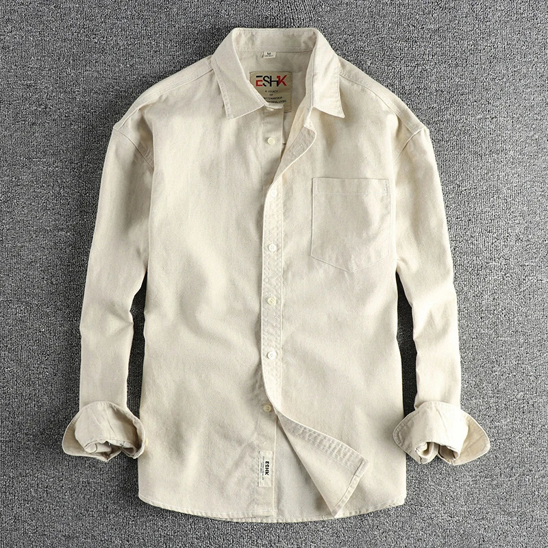 2025 Spring Japanese Retro Long Sleeve Lapel Cotton and Linen Cargo Shirt Mens Simple Single Pocket Casual Loose Blouses 250828