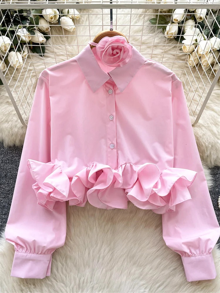 SINGREINY Spring 3D Flower Blouse Women Long Sleeve Single Breasted Turndown Collar Solid Tops Spring Slim Basics Short Shirts 250828