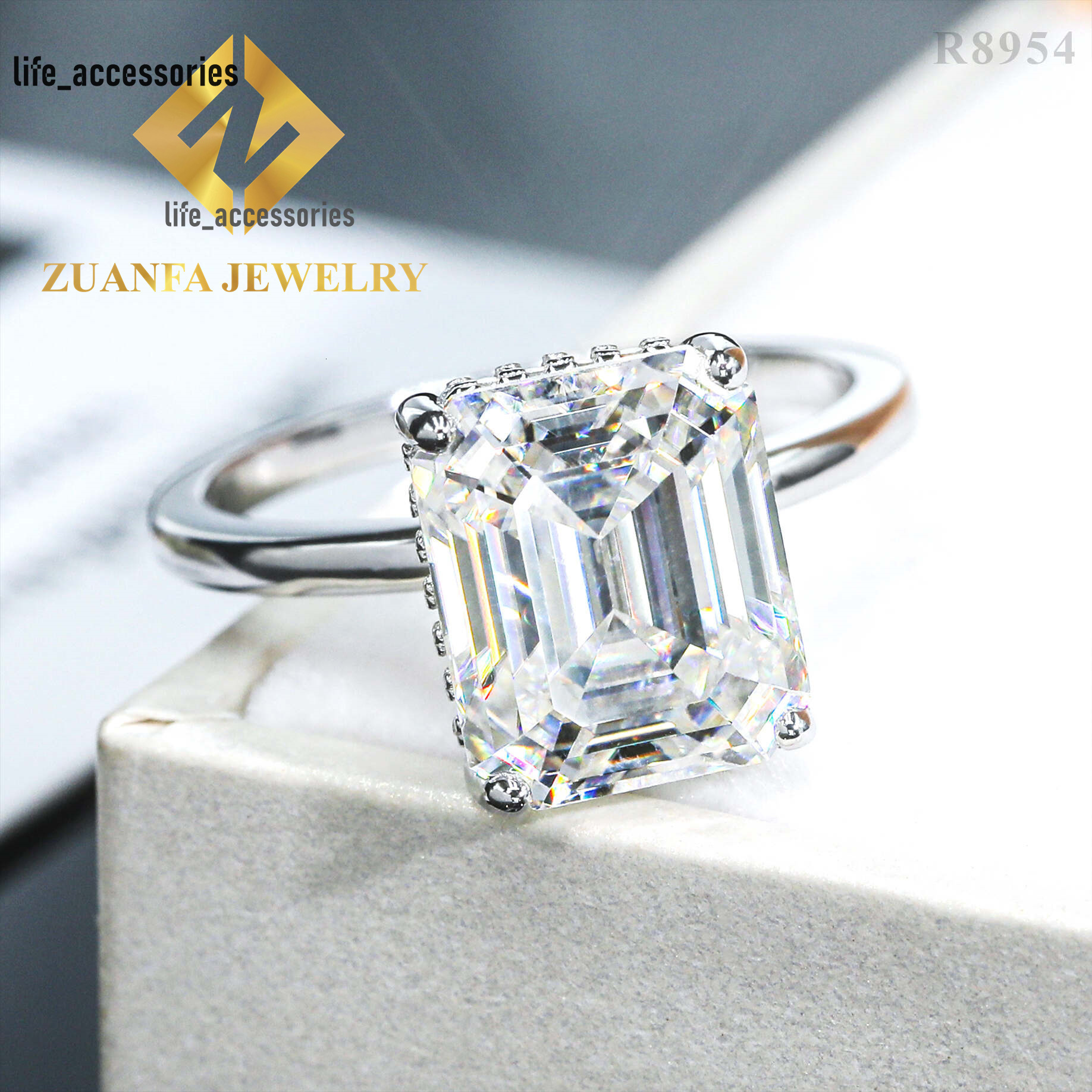 Emerald Cut Halo Moissanite Engagement Rings Dropshipping 925 Silver Wedding Ring for Women