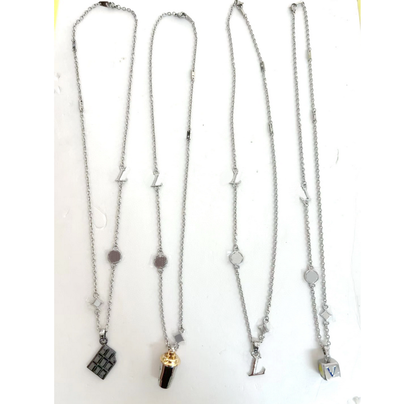 Europe America Fashion Style Necklace Men Lady Women Silver-colour Metal Engraved Letter V Chain Chocolate bar Dimension Dice Cup Pendant
