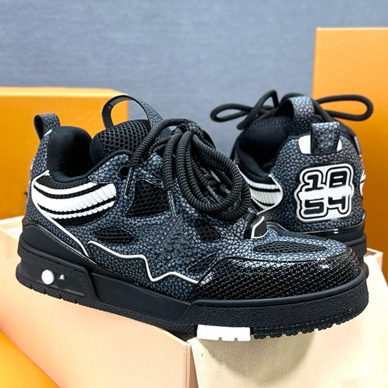 Classic Womens Mens Skate Sneaker Italian Designer Black Vintage Look Calf Leather Casual Shoes Two Tone TPU Outsole Comfortable Non Slip Sports Sho