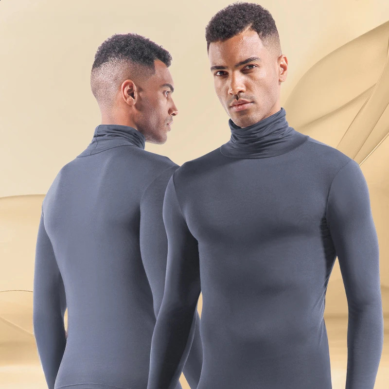 Man High Neck Long TShirts Underwear Winter Thermal Panties Sexy Super Thin Bottoms Tops Shirts Fashion Blue Nylon Black Cloth 250827