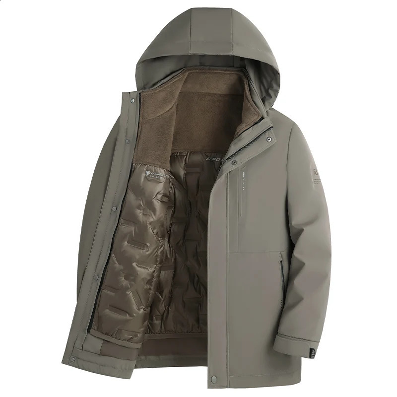 Mens Long Winter Down Jacket Windproof Warm Cotton Padded Jacket Solid Color Windbreaker Hooded Threeinone Thick Coat 250827