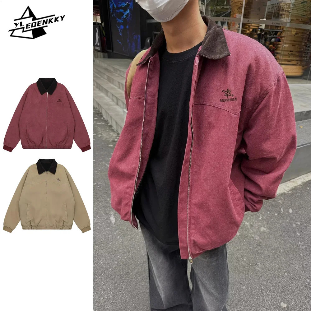 Vintage Cargo Jacket Men Women American Casual Loose Baseball Coat Wash Lapel Loose Streetwear Spring Autumn Couple Tops 250827