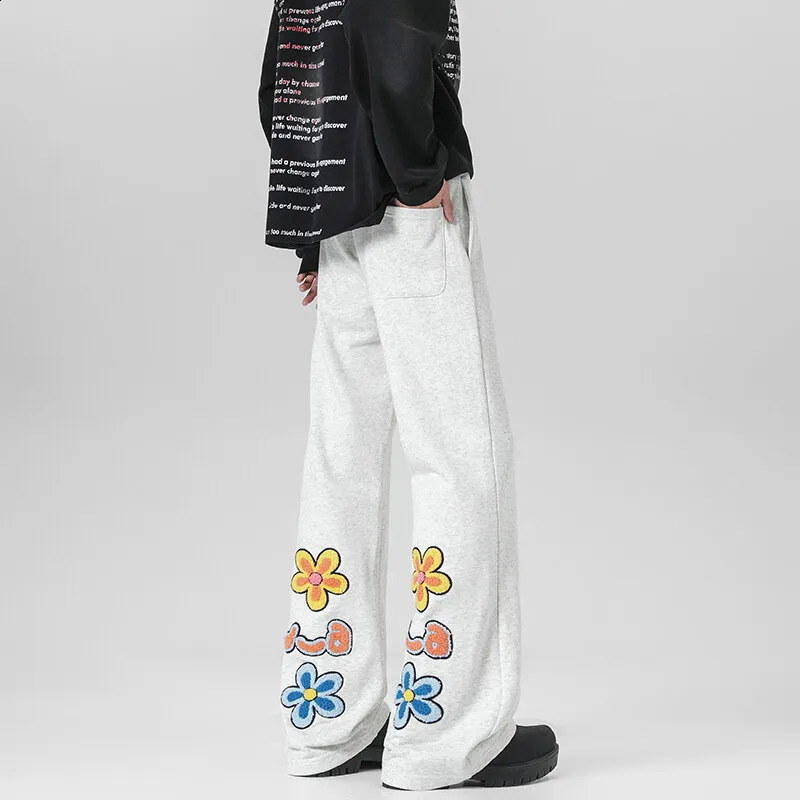 LAPPSTER Grey Flower Sweatpants Men Casual Harajuku Tracksuit Male 2000s Y2k Streetwear Japanese Korean Fashion Joggers Pants 250827