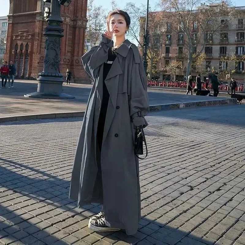 Autumn Winter Khaki Long Trench Coat for Women 2025 Jacket Elegant Outerwear Turndown Collar Tie Belt Korean Chic Windbreaker Z250828