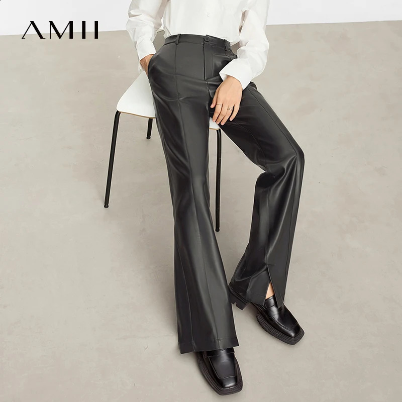 AMII Minimalist Casual Pants for Women Autumn Clothing PU Leather Loose Straight Slit Office Lady Trousers 12343250 250827