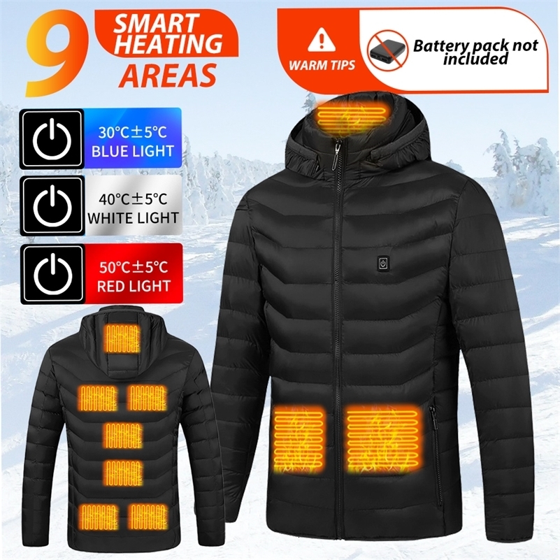 9 Areas Men Winter Warm Heating Jackets USB Electric Heating Parka Long Sleeve Smart Heating Clothes Waterproof Cotton Coats 250827