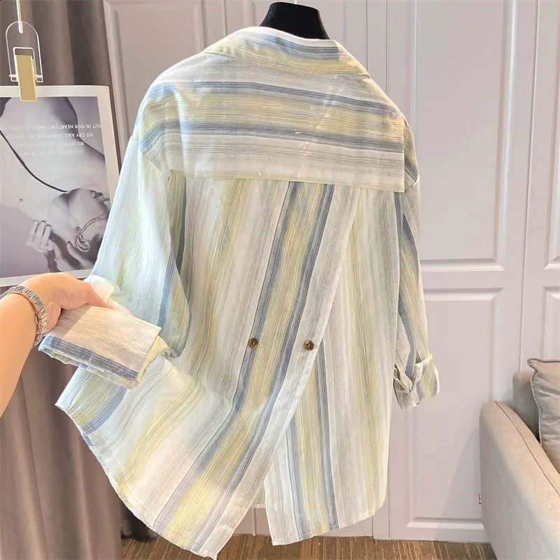 Spring and Autumn Cotton and Linen Contrasting Striped Longsleeved Shirt Chic Versatile Top for Women 250828