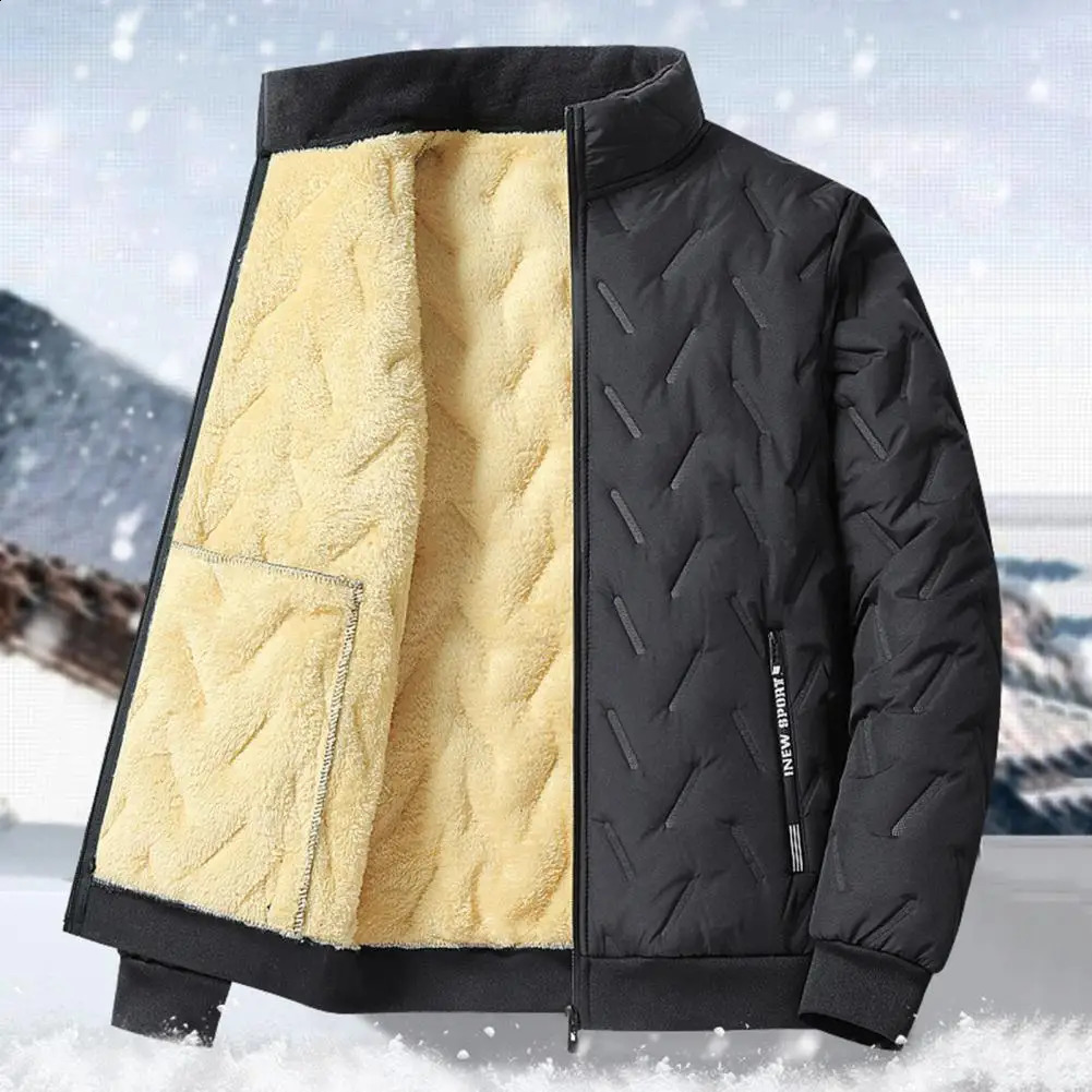 Embossed Lines Jacket Men Jacket Mens Embossed Lines Lapel Jacket with Zipper Pockets Elastic Hem Plush Lining Coat for Warmth 250827