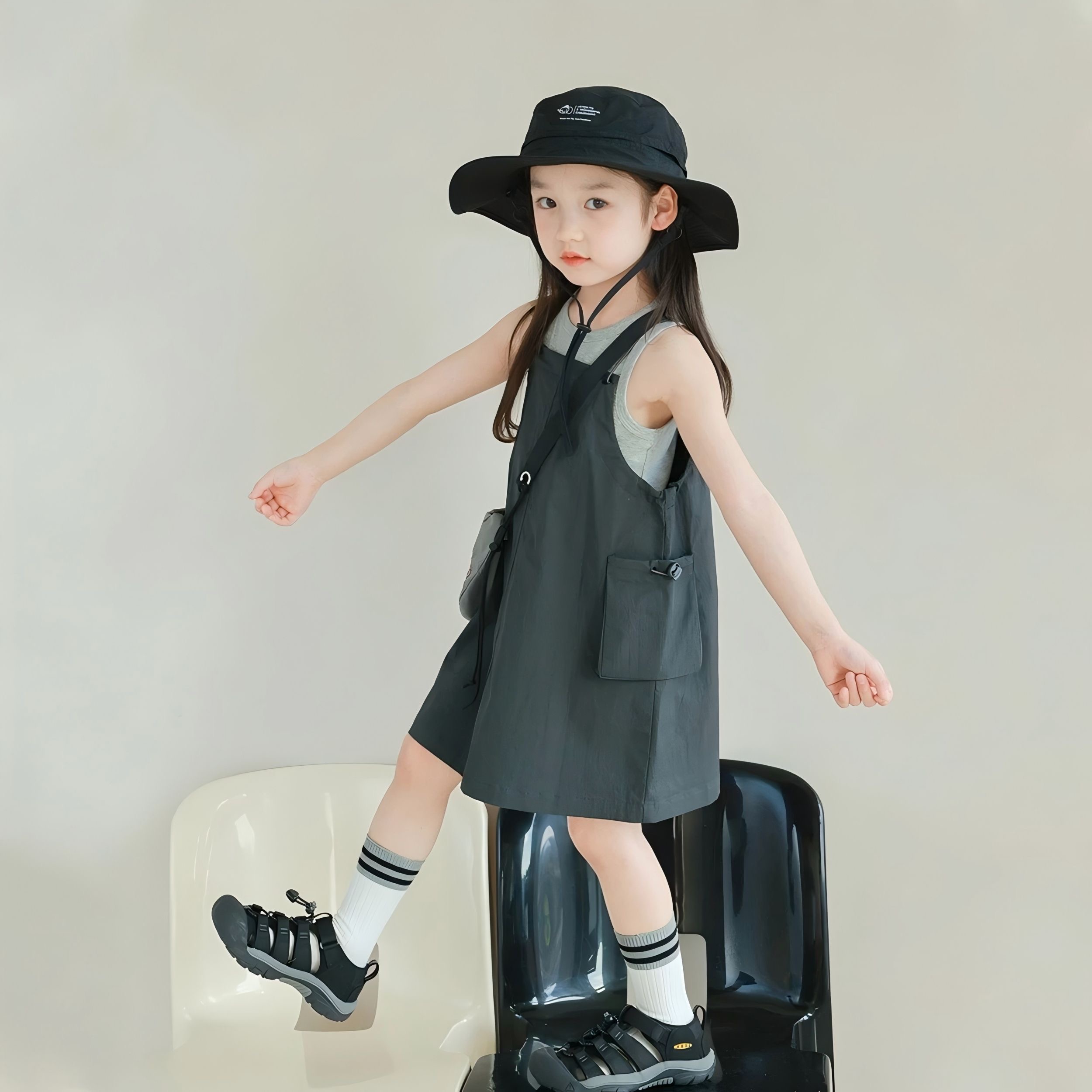D263 Girls work overalls skirt suit 2025 summer new style children&#039;s clothing fashionable design versatile dress with elastic sides-image-1072957393