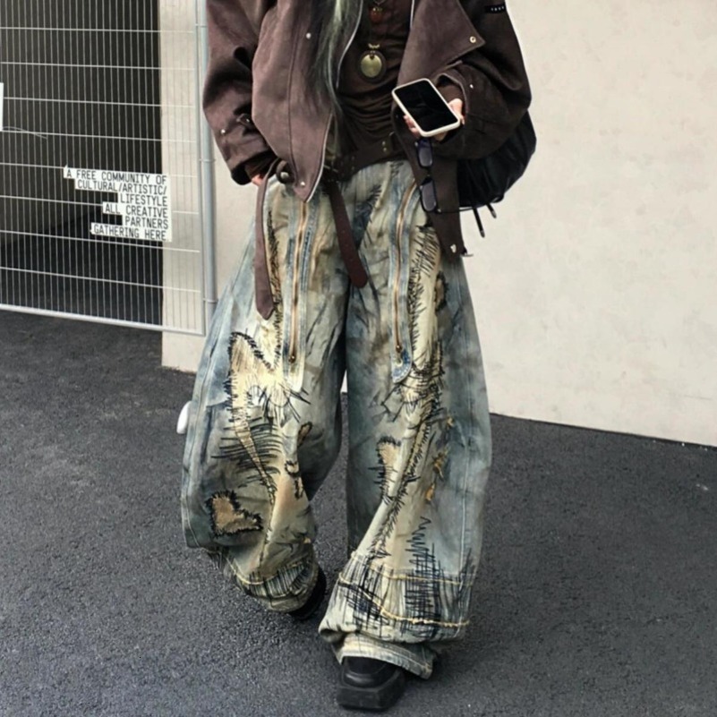 American Street Destruction Style ed Denim Pants Oversized Retro Wash Personality Fashion Loose Casual Wide Leg Jeans 250828