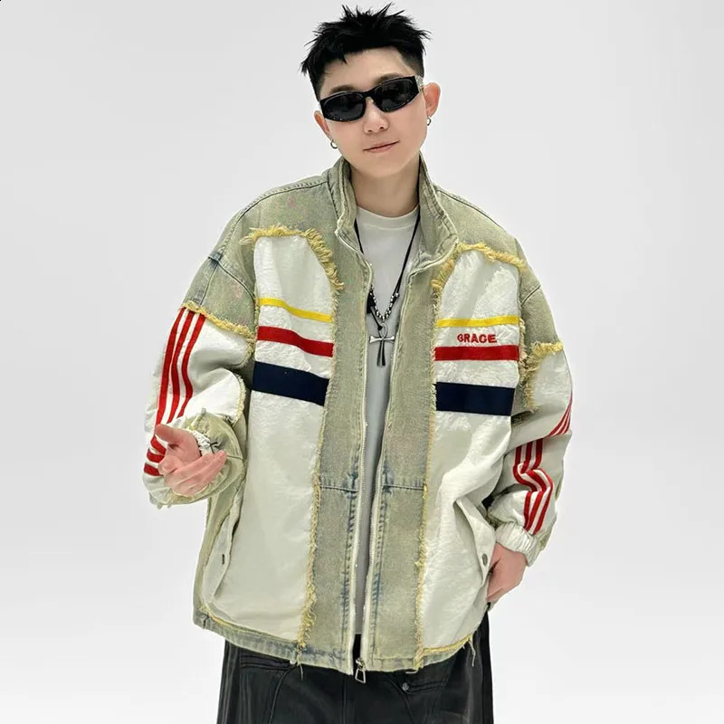 Spring Autumn Trendy Standup Collar Denim Patchwork Baseball Collar Denim Jacket 250827