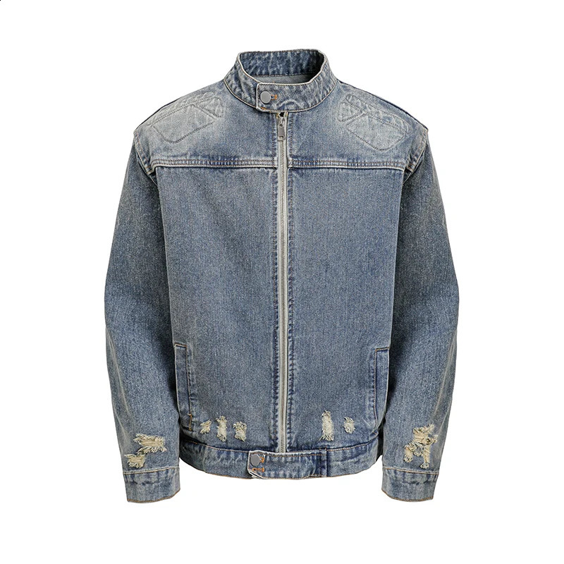 Men Cool Handsome Stand Collar Moto Denim Jackets Slim Fit PU Denim Coats High Quality Male Punk Style Casual Zip Coats 250827