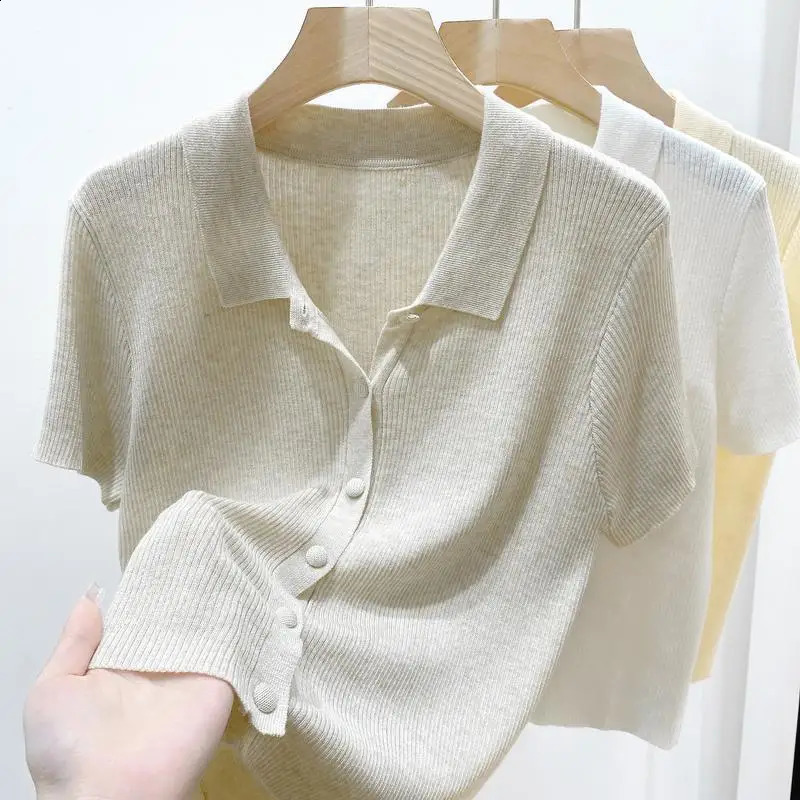 Thin Polo Neck Knit Sweater Womens Summer Temperament Short Sleeve Solid Color Versatile Cropped Cardigan Top 250815