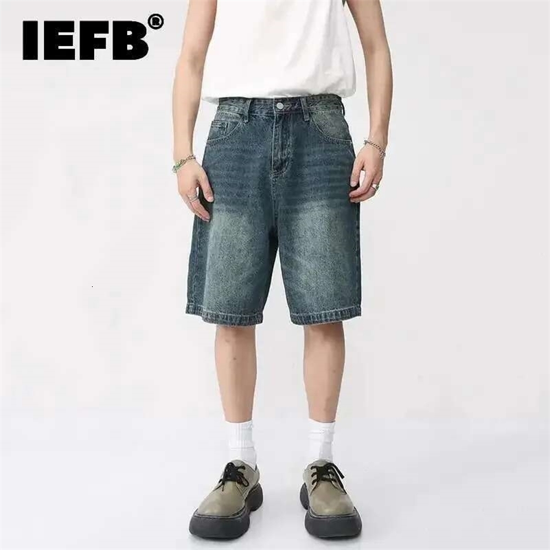 IEFB Summer Denim Shorts Mens Loose Korean Style Retro Short Jeans Fashion Washed Casual Knee Length Pant Streetwear 9A8588 250827