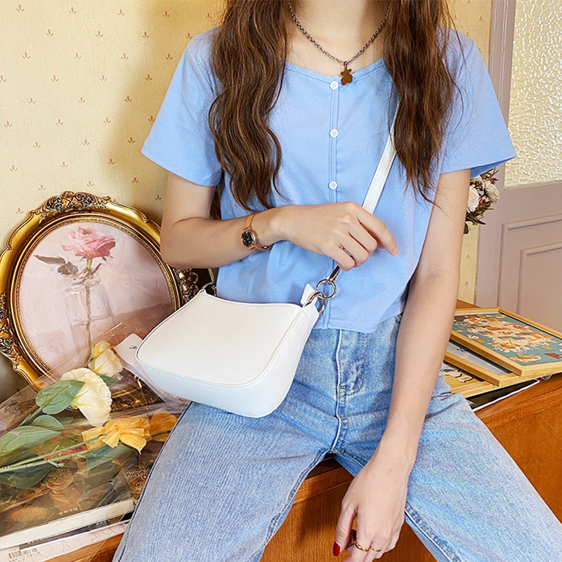 White Spring Summer Korean Style Simple Small Square with Metal Ring Shoulder Underarm Crossbody Bag for Women
