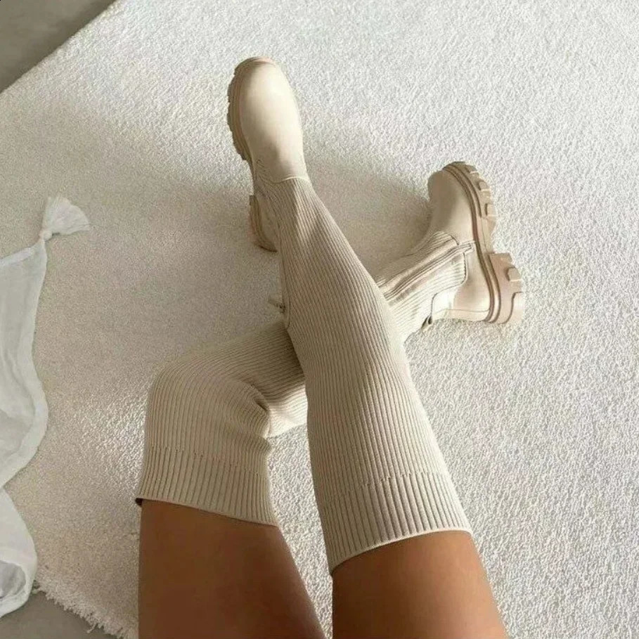 Womens Over The Knee Boots Stretch Knitted Autumn Fashion Female Platform Boot Splicing Ladies Sock Shoes Woman Long Boot 250821