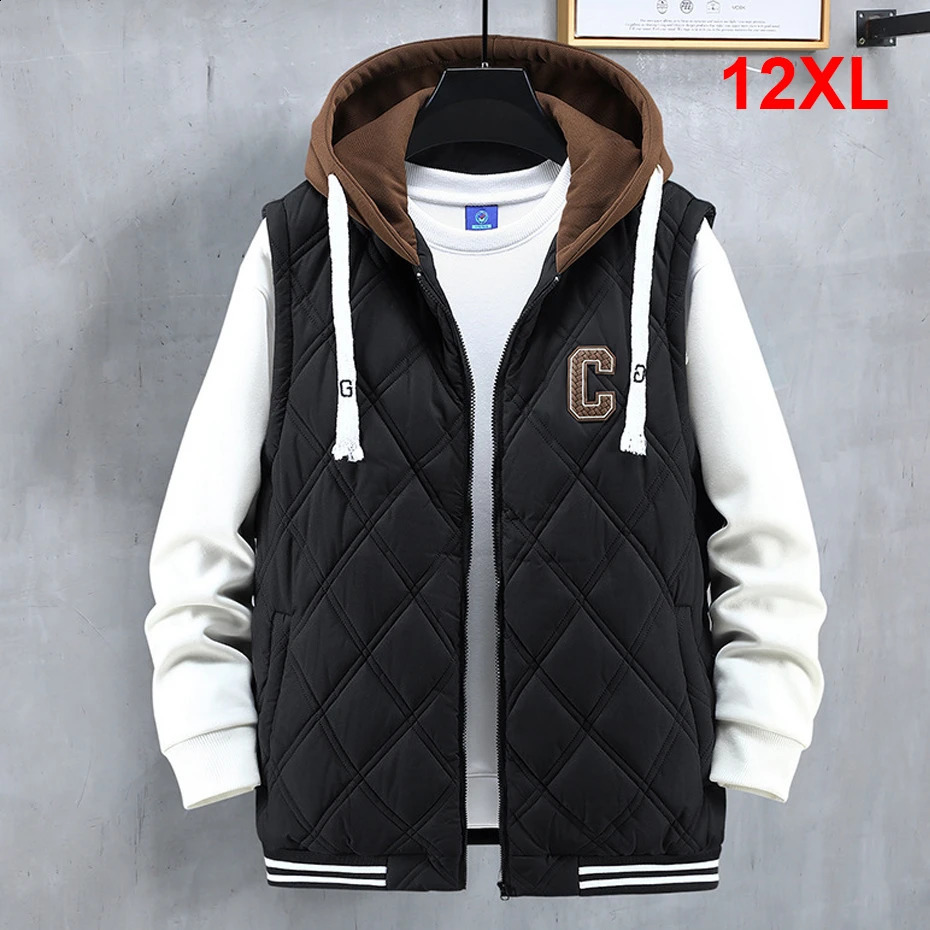 10XL 12XL Plus Size Vests Men Autumn Winter Thick Vest Sleeveless Jacket Male Fashion Casual Hooded Vest Big Size 10XL 12XL 250828