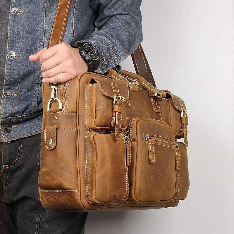 Luufan Men Vintage Crazy Horse Briefcase 15.6" Real leather Business Cow Leather Laptop Messenger Bag Big Work Tote