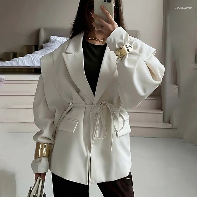 Women's Jackets Loose Women Suit Jacket Elegant Waist Lace-Up Shoulder Padded Outerwear Pure Color Casual Style