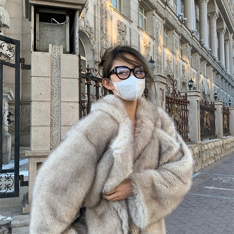 Lautaro Autumn Winter Oversized Loose Casual Soft Thick Warm Hairy Faux Fox Fur Coat Women Long Sleeve Fluffy Jacket 2024250827