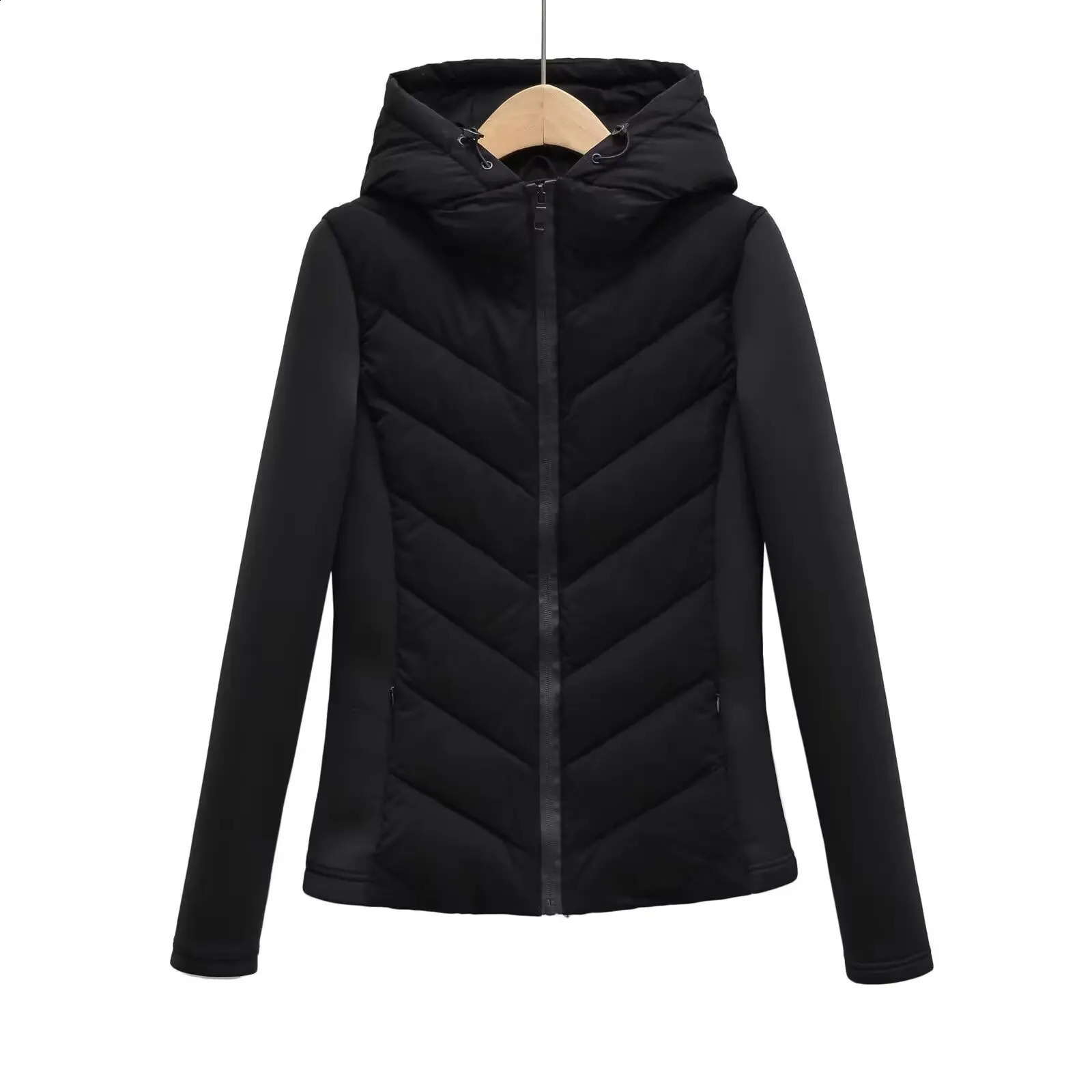 TRAF Women 2024 Autumn Fashion Patchwork Quilted Slim Fit Cotton Coat Chic Hooded Long Sleeve Coat Outerwear Mujer250827