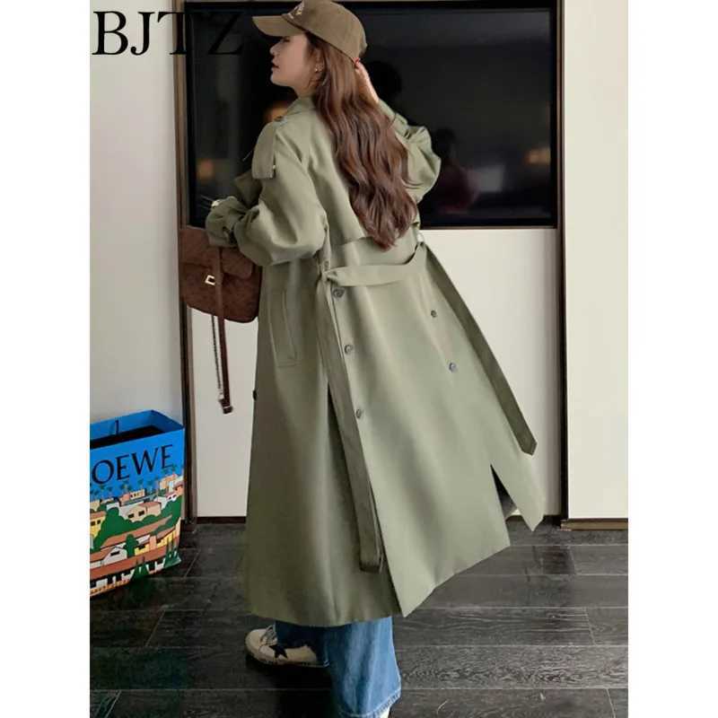 BJTZ Casual Trench Coat For Women Solid Color Lapel Double Breasted Loose Fashion Long Windbreaker 2025 Spring New Z250828