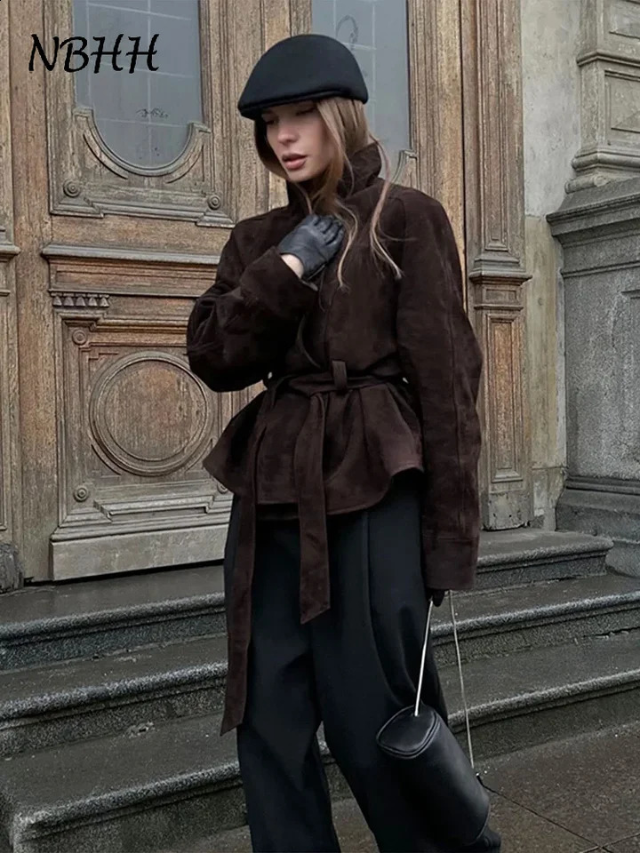 2025 Autumn Belt Suede Jackets Women Lapel Long Sleeve One Button Lace Up Jacket Vintage Brown Loose Lady Outerwears Street 250827