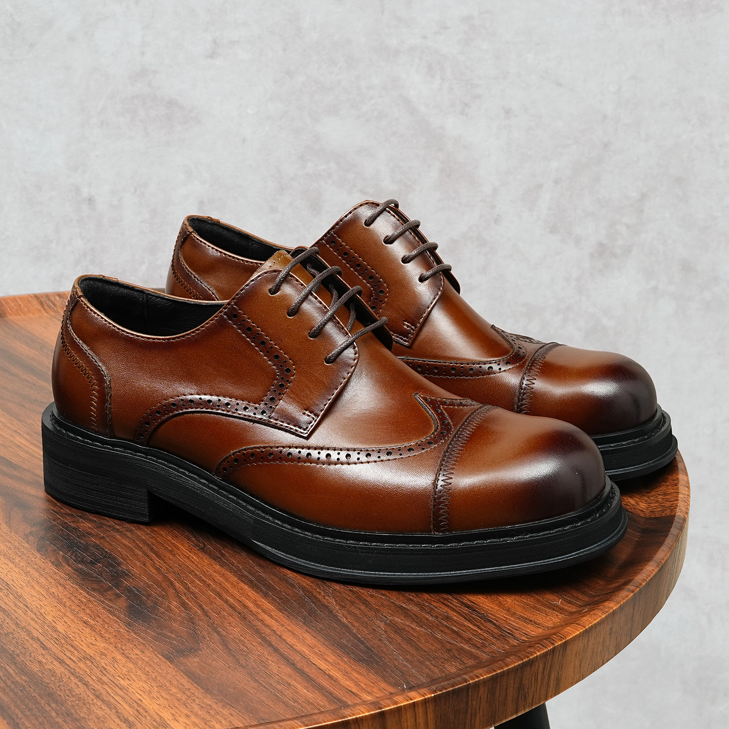 Men's Genuine Leather Dress Shoes with Lace-Up Embroidery - Size 46 European Fit for Formal Occasions