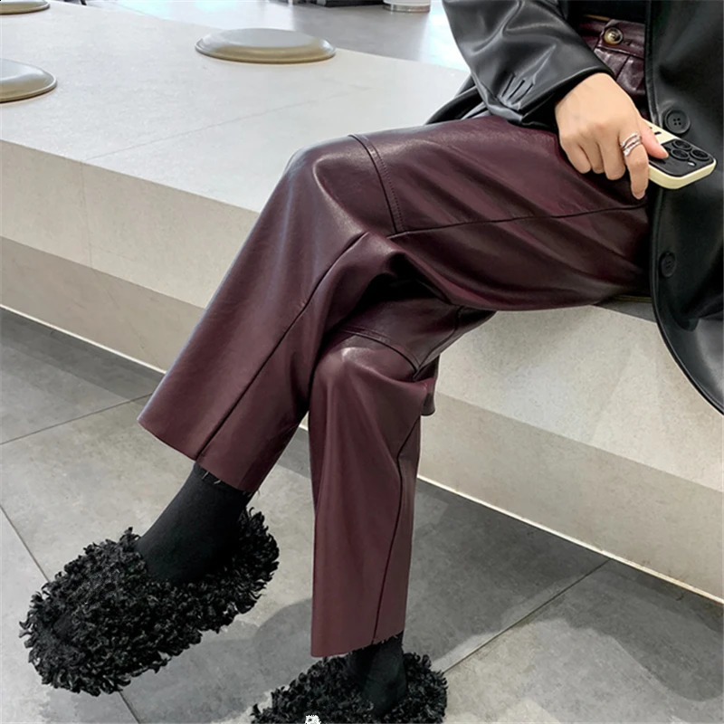 Autumn Winter PU Leather Vintage Womens Ankle Length Pants High Waist Zipper Black Straight Female Pockets 250828