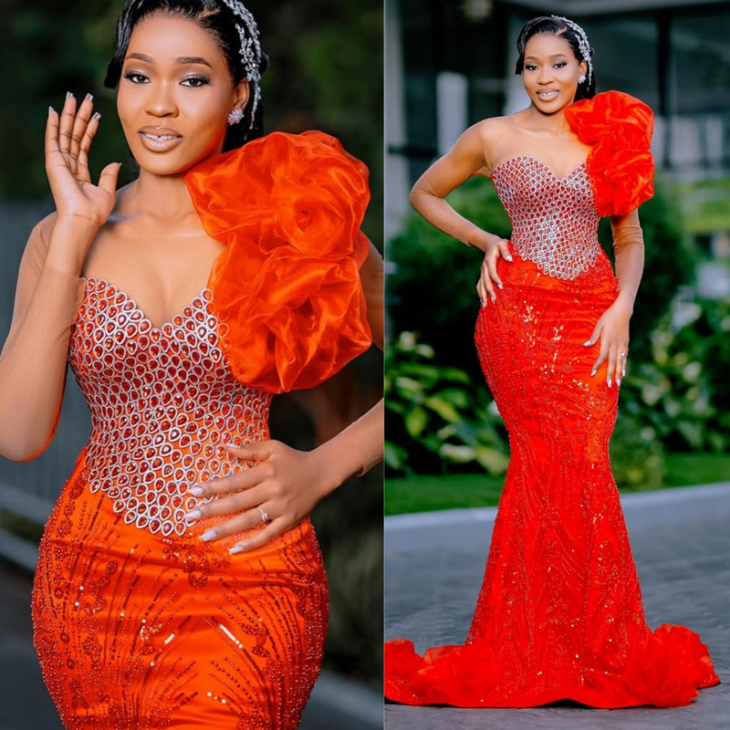 Stylish Classic Aso Ebi Red Prom Dress 2025 Mermaid Evening Dresses Robe De Sorrie Sheer Neck Long Sleeves Beaded Lace Birthday Dress Second Recepti