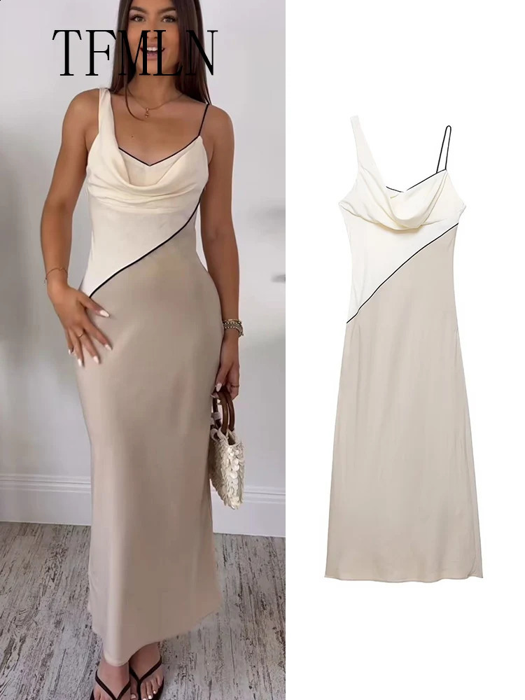 TFMLN Elegant Women Patchwork Slim Strap Dress Summer Pile Collar Sleeveless Beach Party Sexy Asymmetrical Midi 250827