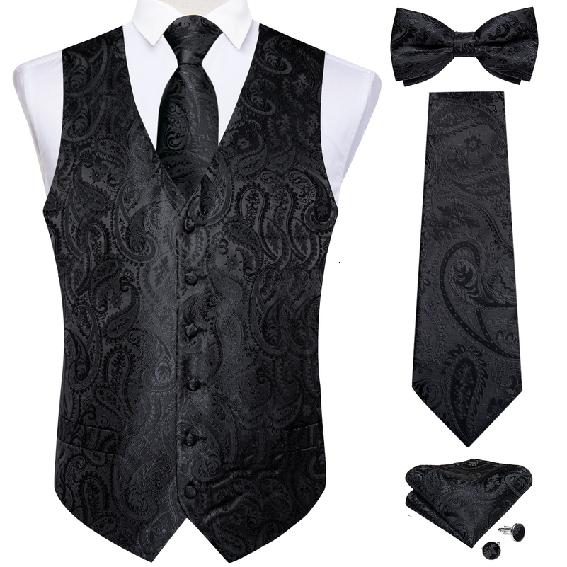 Mens Black Solid Paisley Suit Vest with Necktie Bow Tie Handkerchief Cufflinks Formal Waistcoat for Wedding Prom Tuxedo 250828