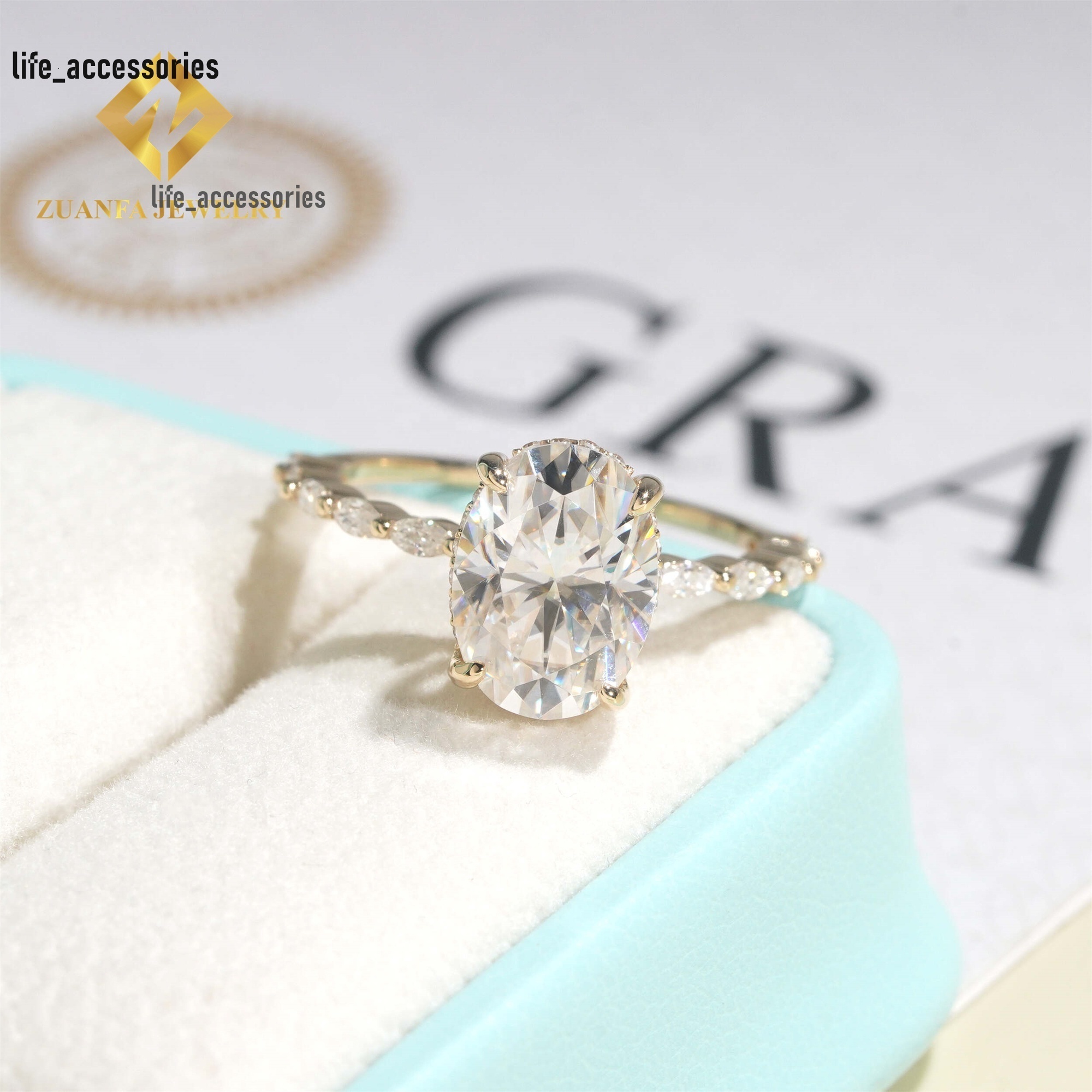 GRA Certificate 14k Yellow Gold Bridal Wedding Jewelry D Color 4ct OvalMarquise Moissanite Diamond Engagement Wedding Band Ring
