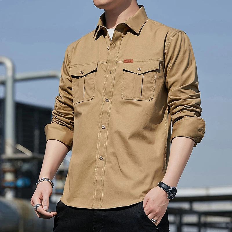100 Cotton Mens Cargo Shirt Long Sleeve Two Pockets Outdoor Casual High Quality Fashion Korean Male Clothes Overshirt 250828