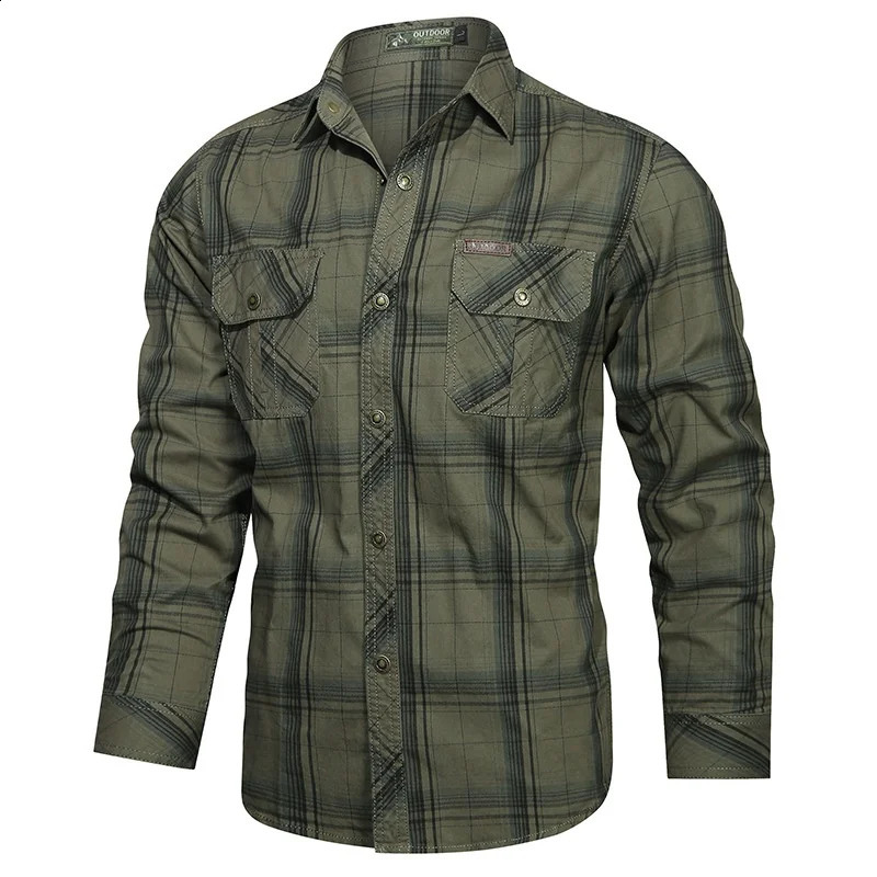Spring and Autumn Pure Cotton Plaid Long Sleeve Military Quickdrying Versatile Shirt Mens Casual Tactical Cargo 250828