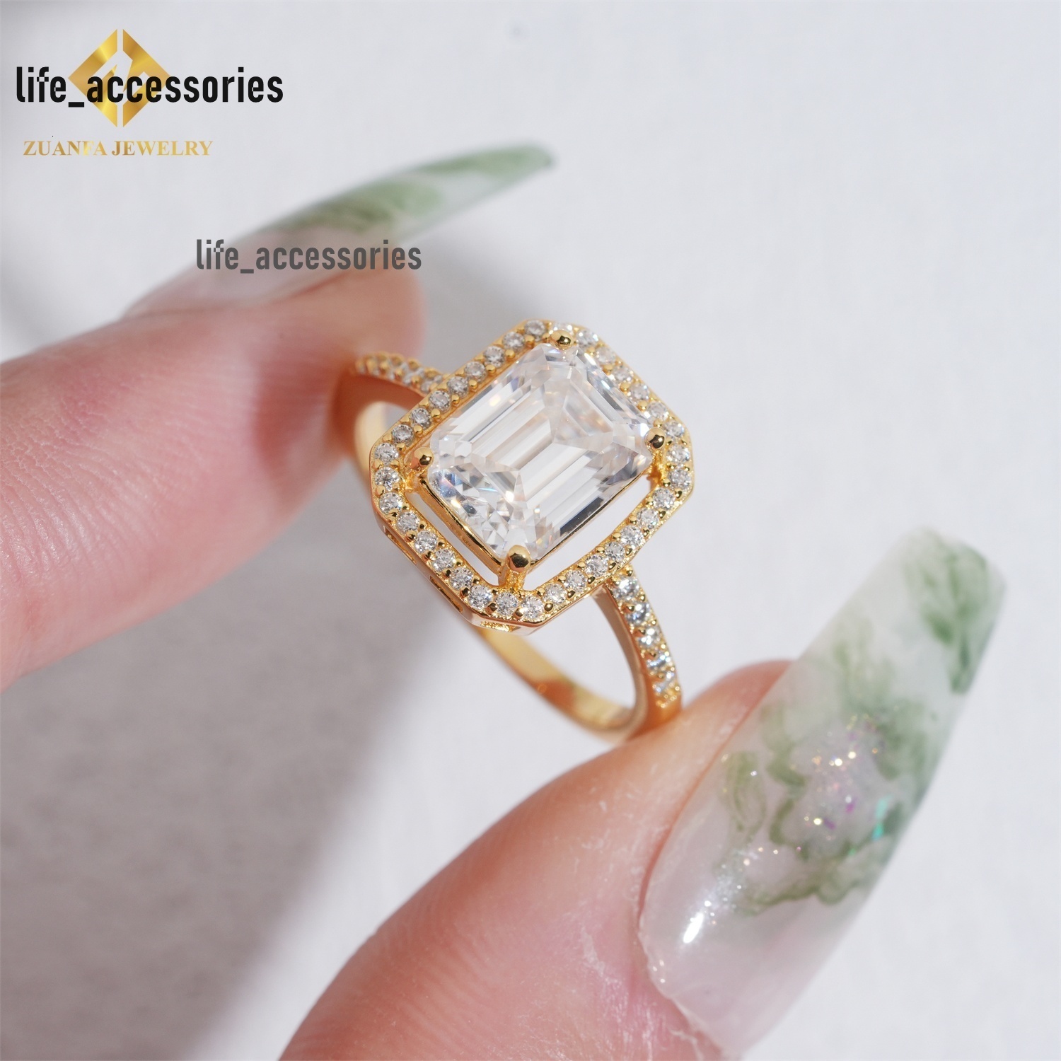 Fashion Jewelry Emerald 7*9MM Iced Out Diamond 925 Silver VVS Moissanite Wedding Gold Ring Engagement Ring for Women Gift