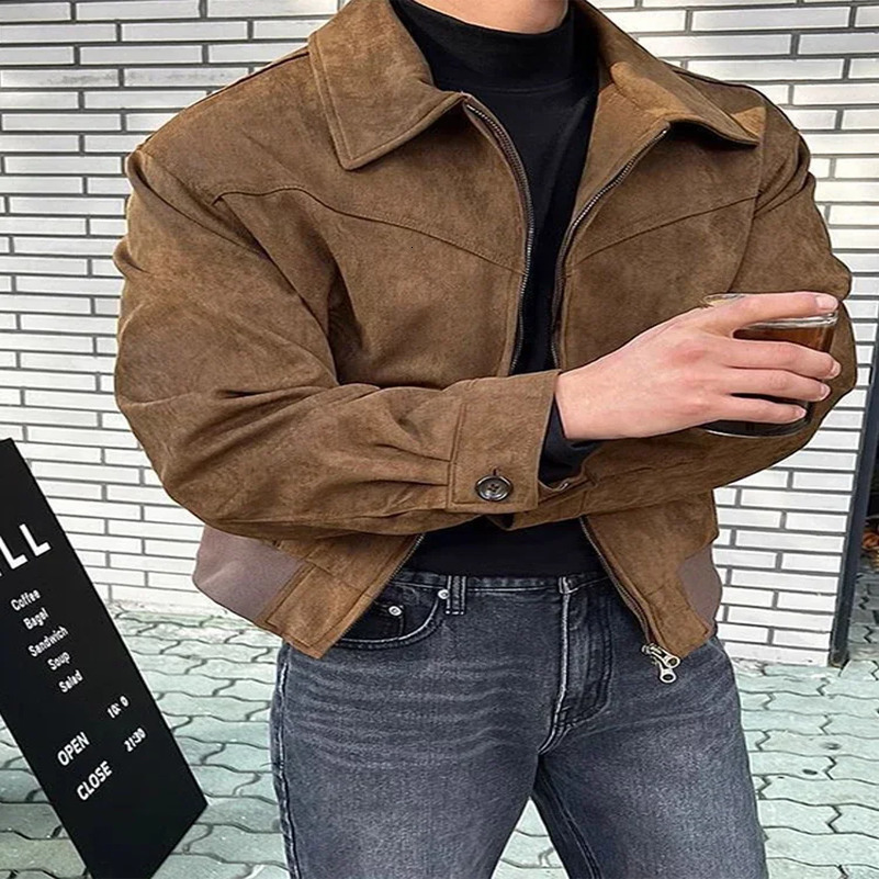 Mens Short Bomber Jackets Spring Retro Y2k Lapel Zipper Pocket Windbreaker Coats y High Quality Overcoat Streetwear 250827