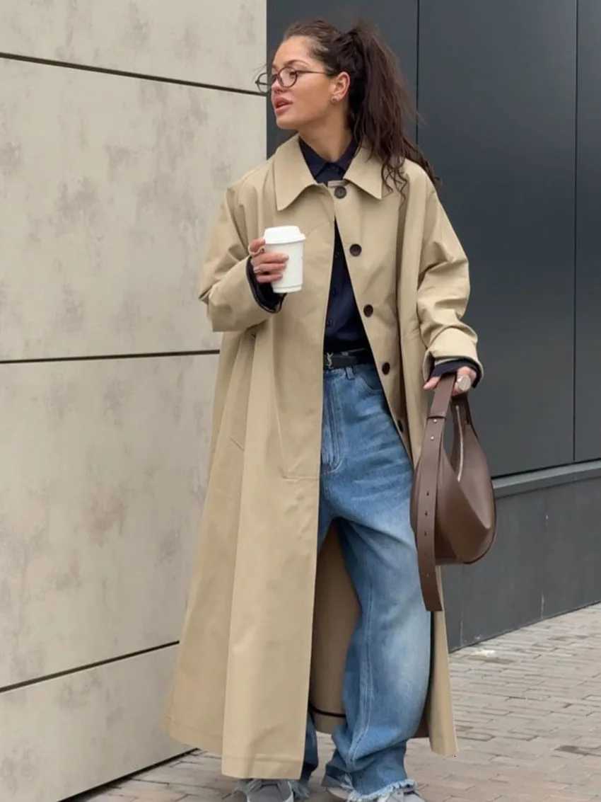Park Fee Fashion Loose Khaki Cotton Womens Windbreaker Winter Lapel Long Sleeve Trench Coat Elegant Classic Solid Coats Female Z250828