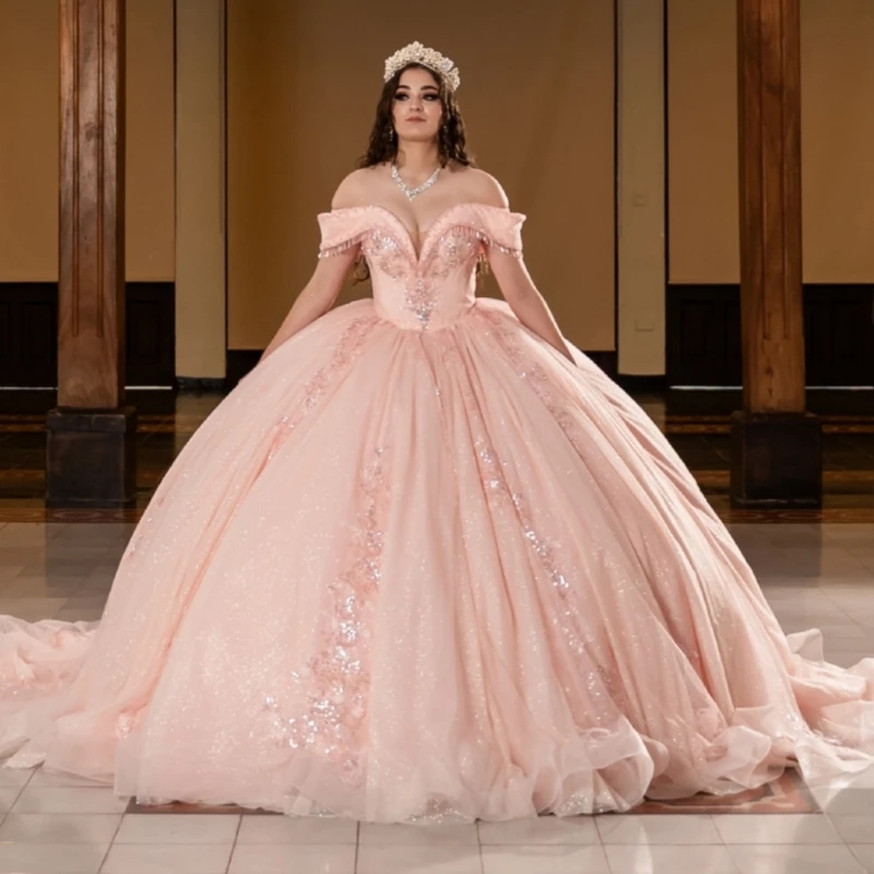 Light Pink Shiny Quinceanera Dresses Ball Gown Off The Shoulder Sequin Applique Lace Beading Tull Party Birthday Sweet 16 Dress Vestidos 15 De Anos