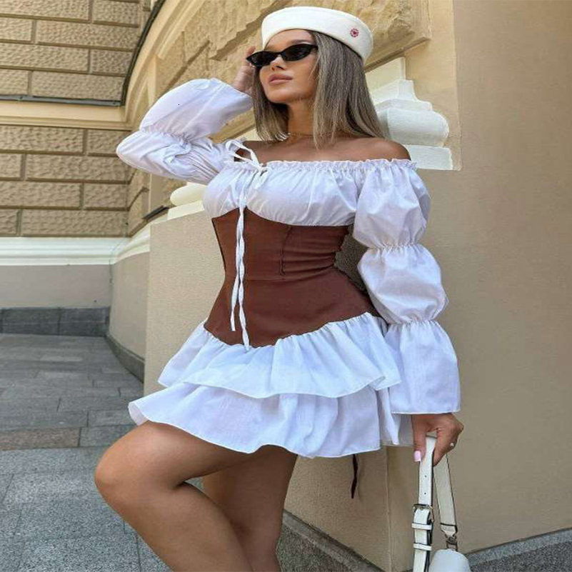 Weird Puss Sweet Patchwork Dress Women Lace Up Slash Neck Long Puff Sleeve Skinny Low Rise Tierred Strecth Elegant Mini Bodycon 250828