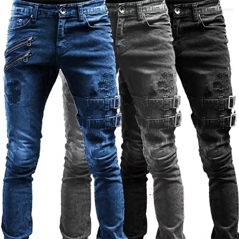 Men's Jeans Retro Moto Biker Straight Elastic Zipper Distress Hole Punk Skinny Denim Cargo Pants Streetwear Y2K Hombre Trousers