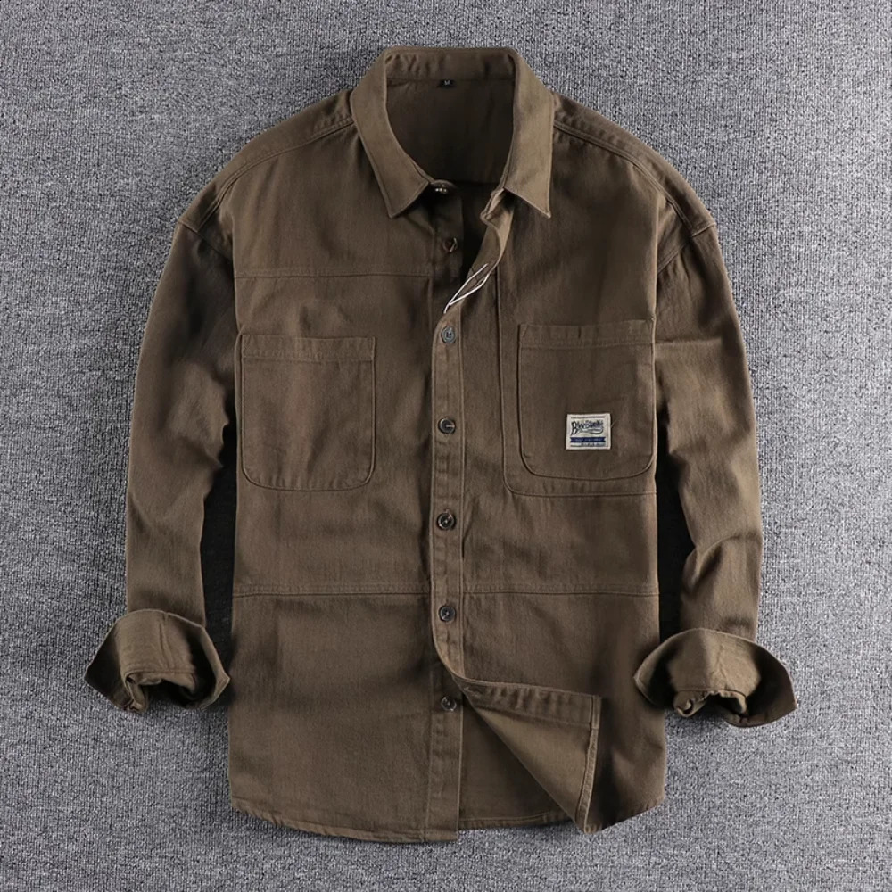 Vintage cargo shirt Mens autumn wash woven solid color fashion casual 250828