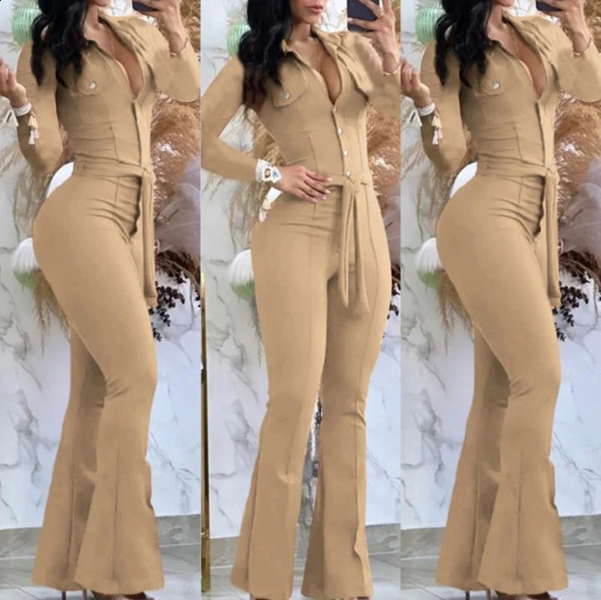 Jumpsuit Women Autumn Fashion Button Casual TurnDown Collar Long Sleeve Skinny Bootcut Jumpsuit with Belt Y2K Streetwear 250827